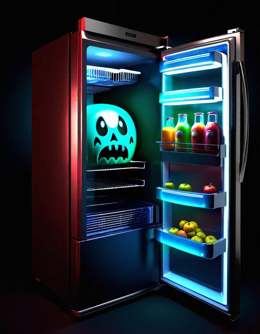 a haunted refrigerator, scary and angry looking face, arms that throw food out of lit up inside of fridge at human that ...