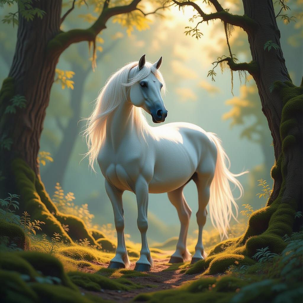 Majestic White Horse in Enchanted Forest