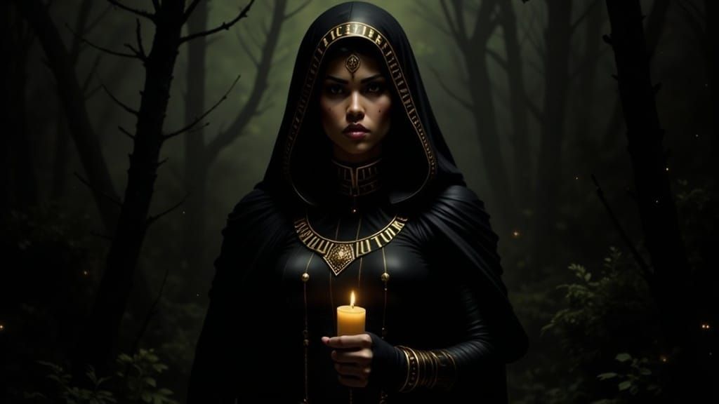 Mysterious Woman in Forest with Candlelight
