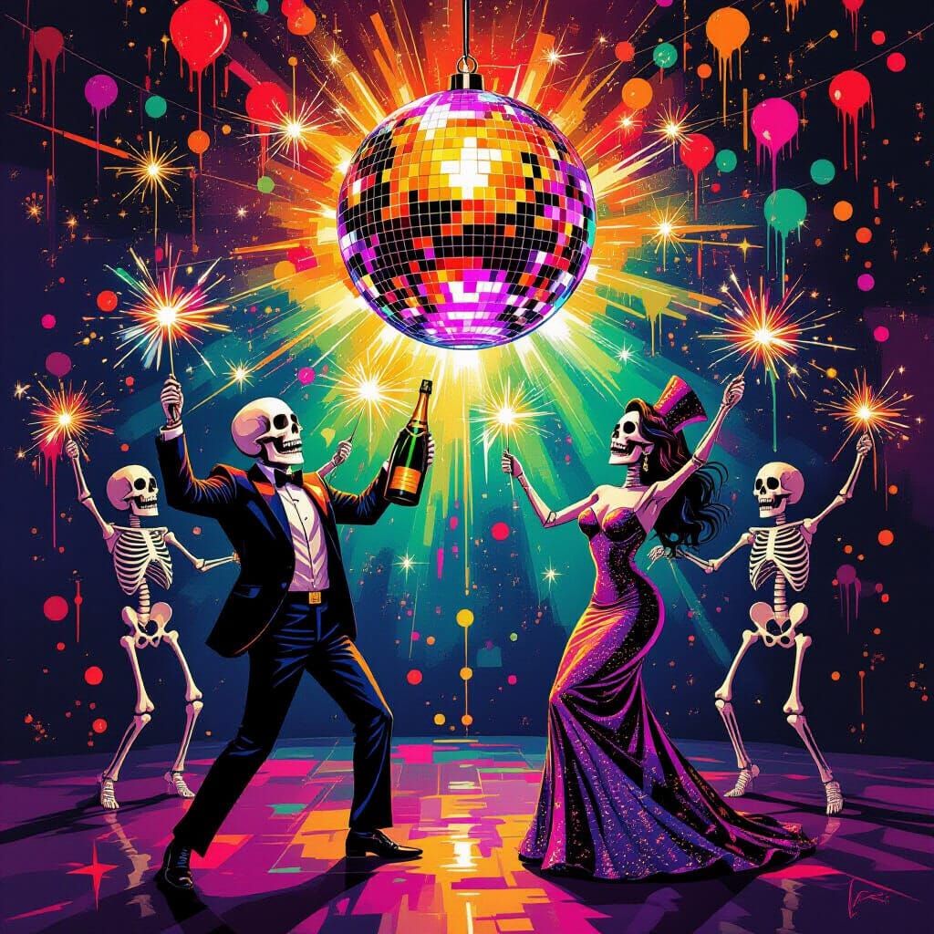 Vibrant Skeletons Celebrate New Year's Eve Disco