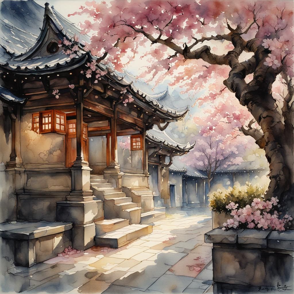 Courtyard Scene with Falling Cherry Blossoms in Watercolor