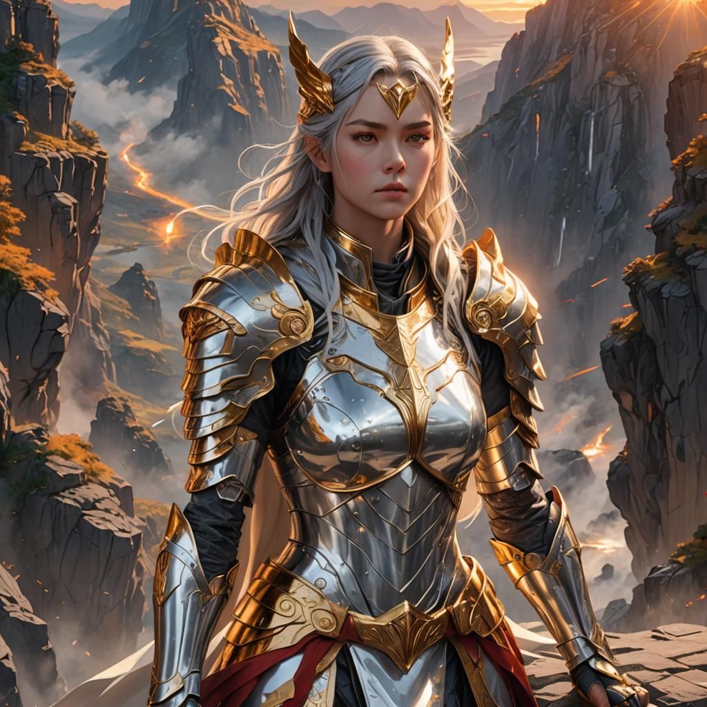 Valkyrie in Silver Armor at Sunrise: 3D Anime Art
