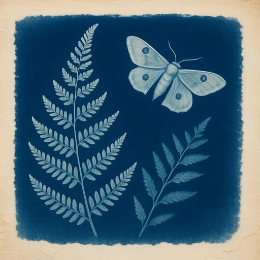 Blue Ferns and Night Wings in Cyanotype Style