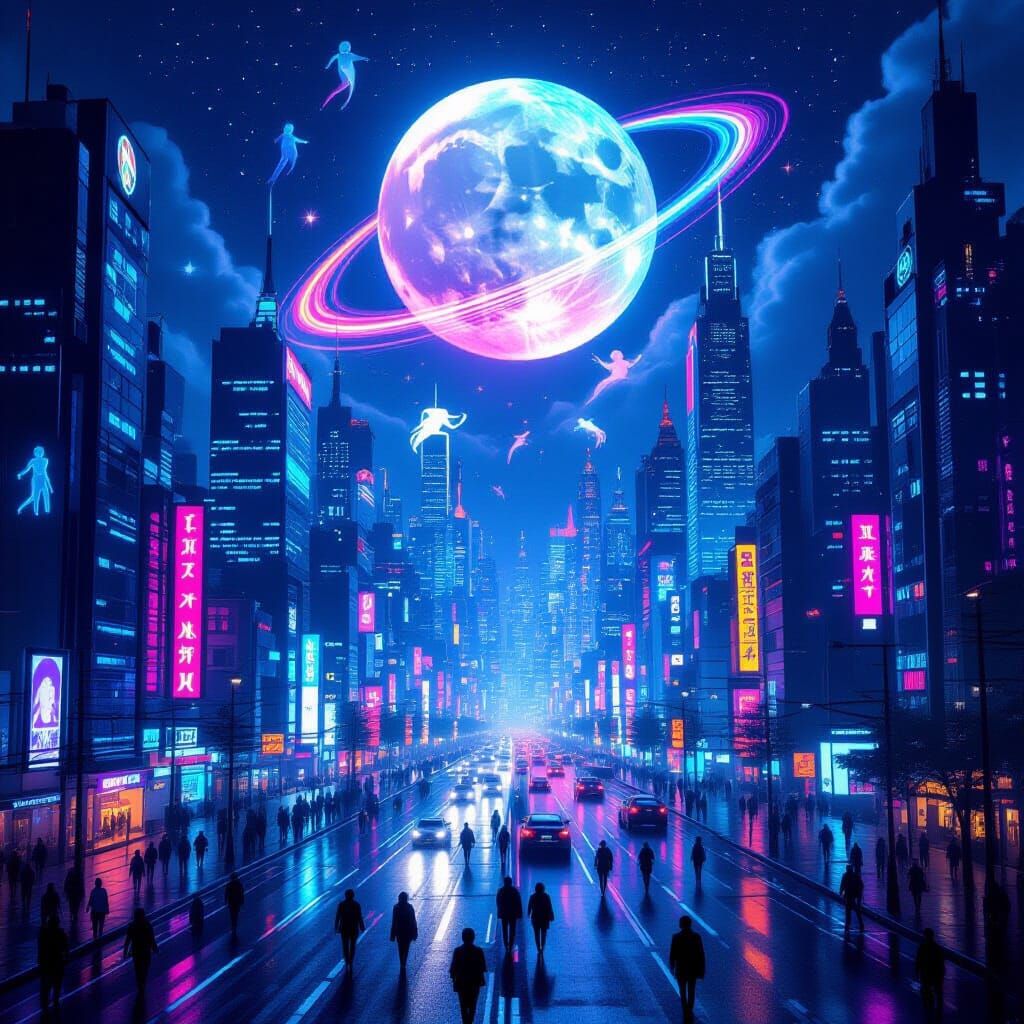 Futuristic City at Night with Emotional Aura