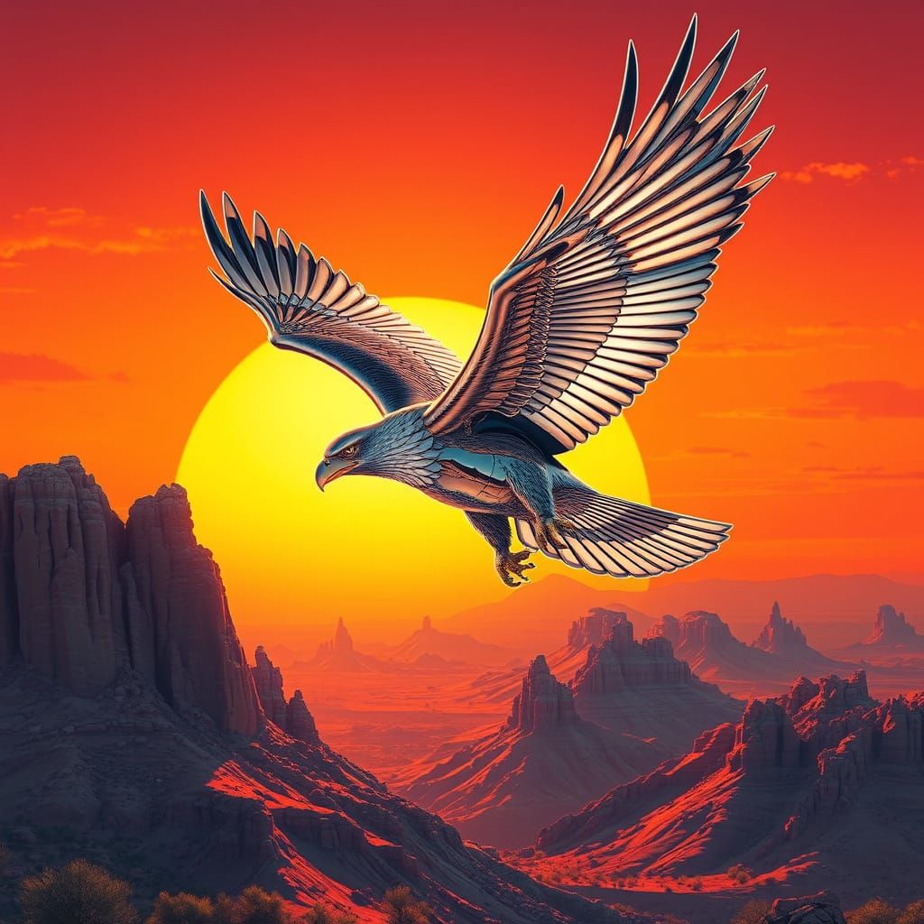 Chrome Eagle Soaring Over Desert Sunset