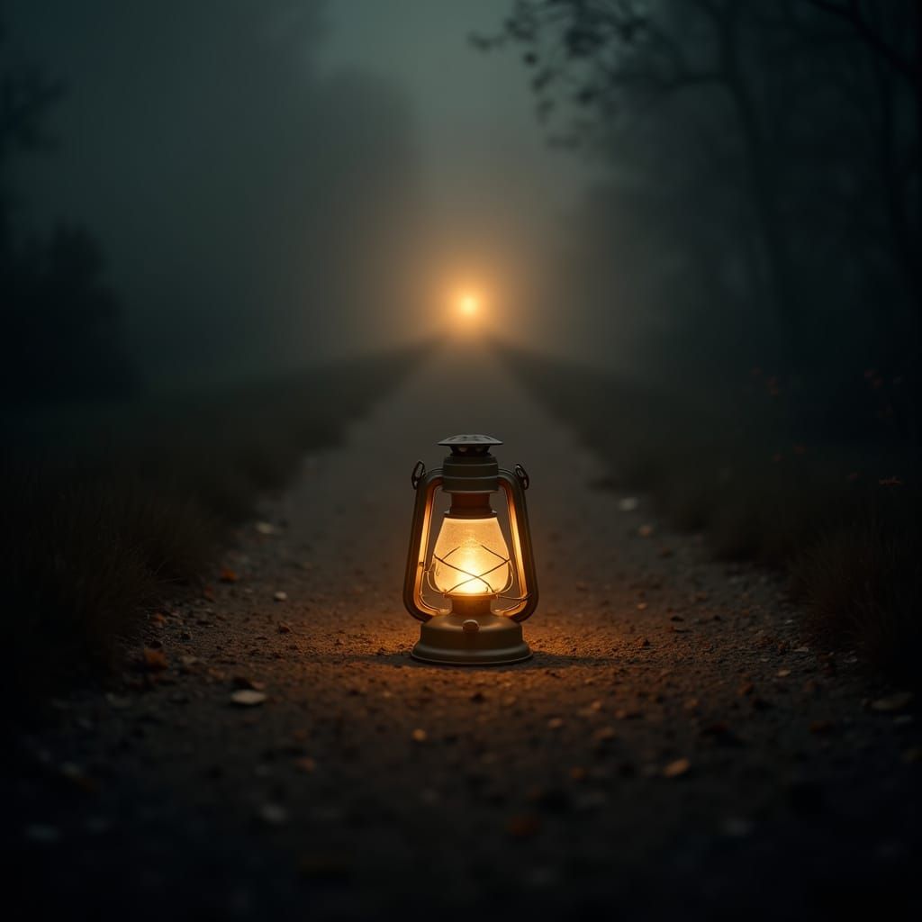 Lantern Light Symbolizing Hope in Misty Darkness