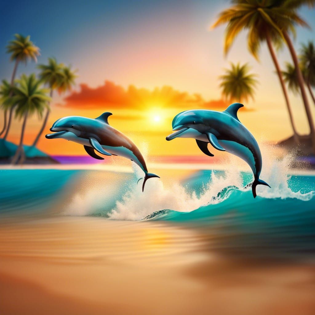 Dolphins Jumping at Sunset in Island Paradise