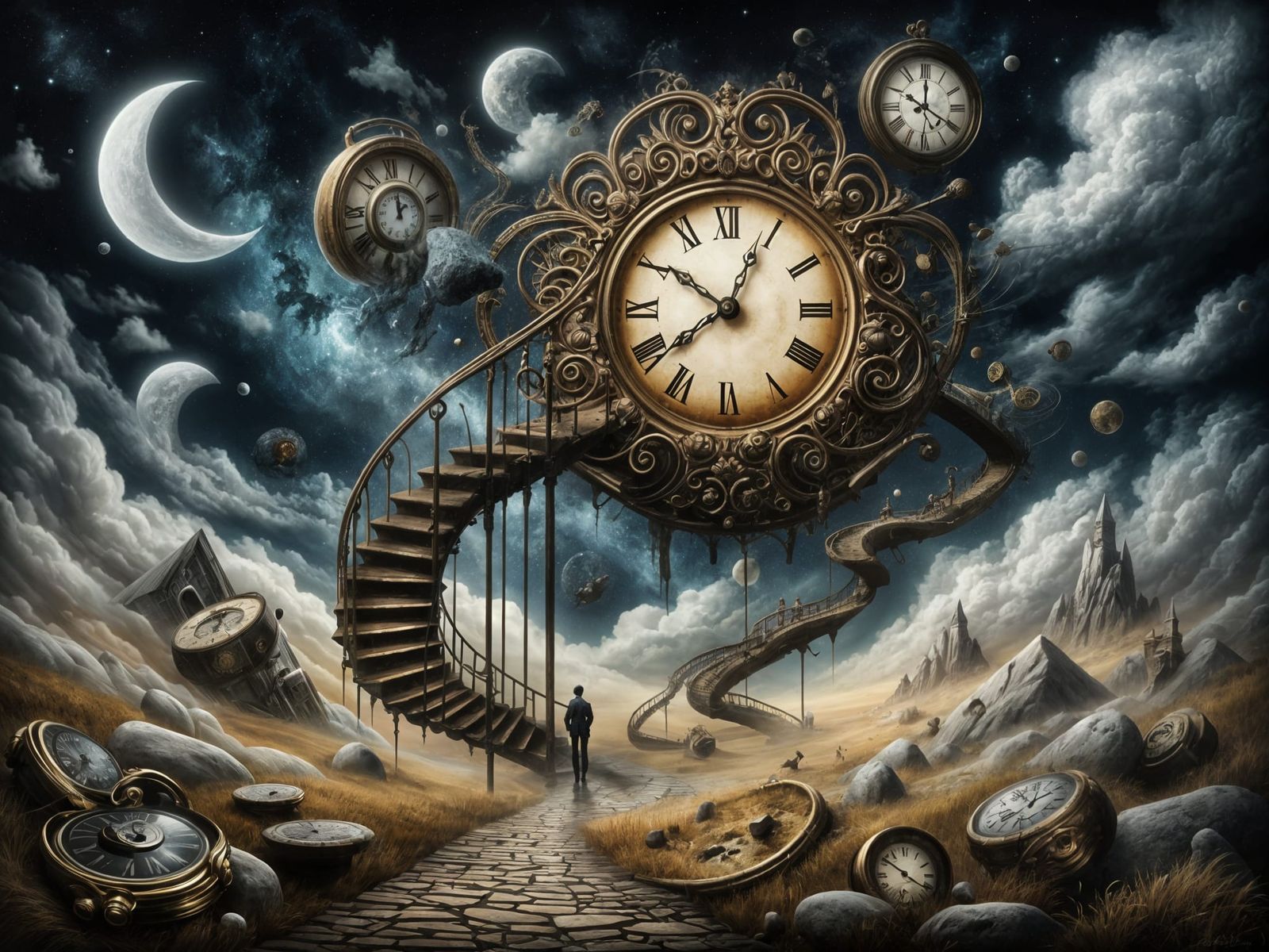 Surreal Time Travel Spiral World with Moon and Stairs