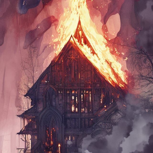 Burning Haunted Church Portrait in Watercolor Style