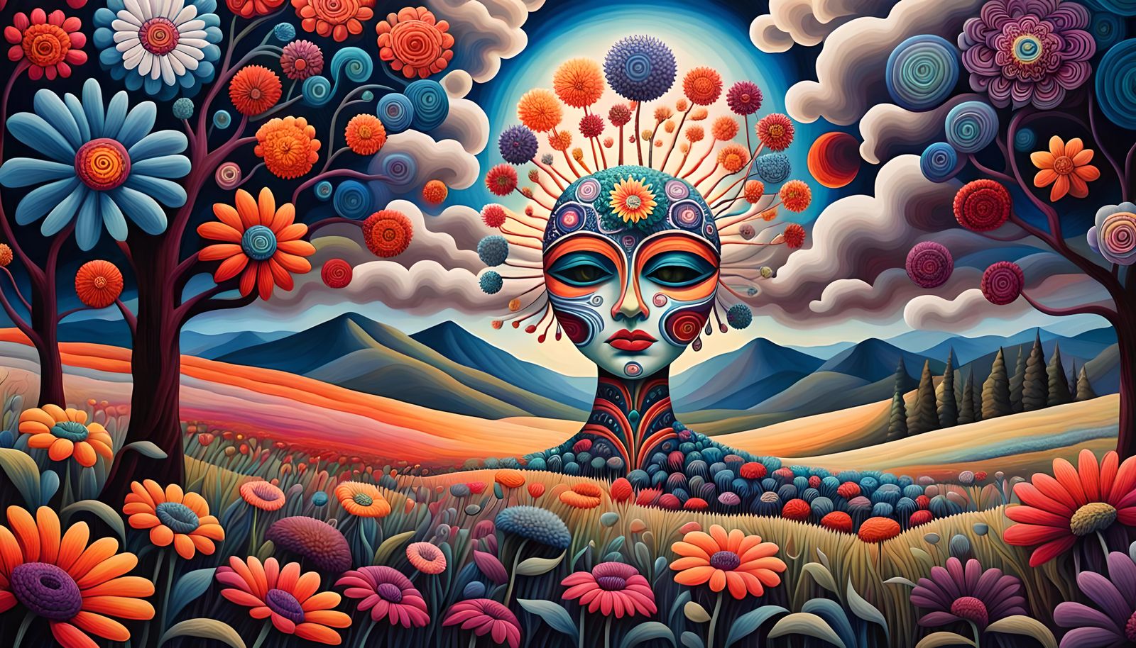 Psychedelic Meadow in Huichol Yarn Painting Style