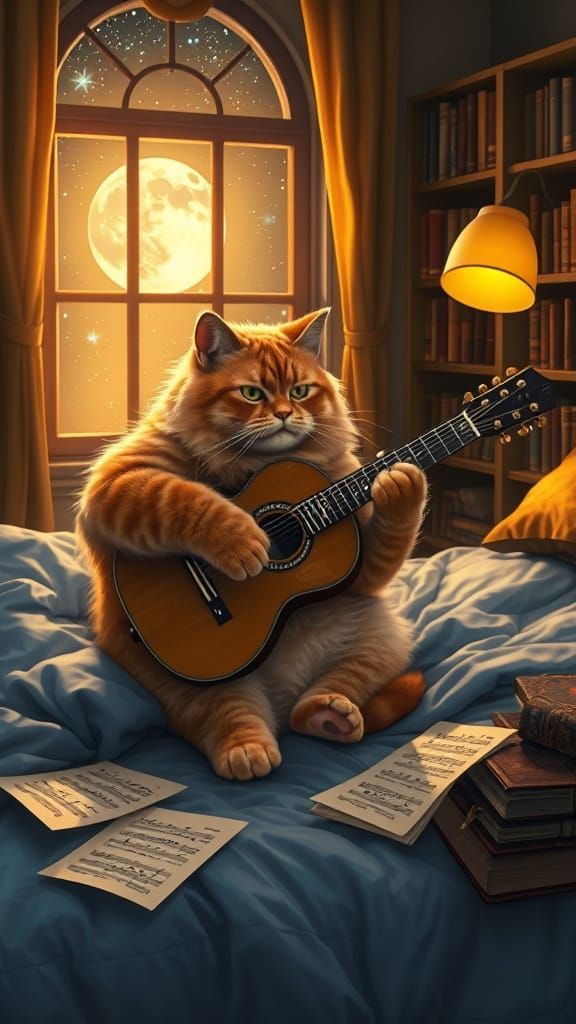 Whimsical Cat Guitarist in a Dreamy Bedroom Scene