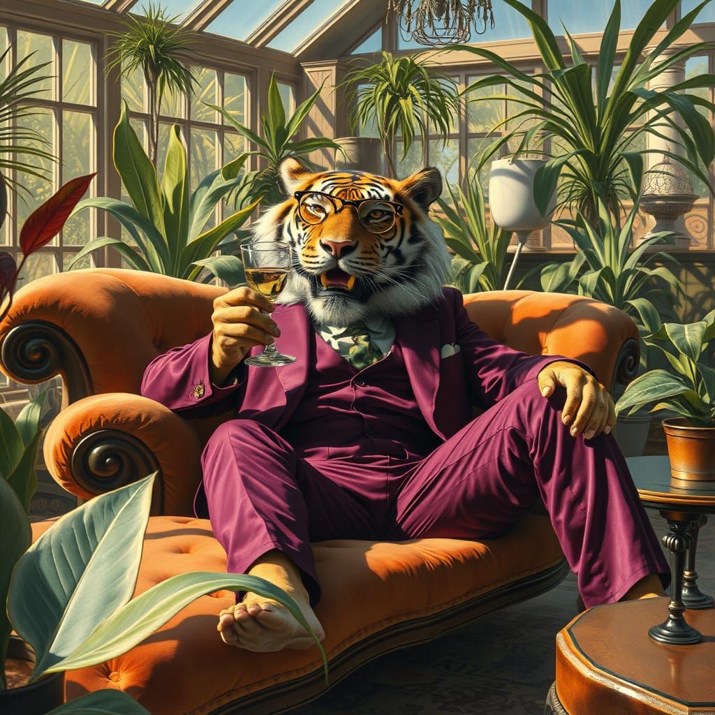 Saber-Toothed Tiger in Velvet Suit, Surreal Oil Painting