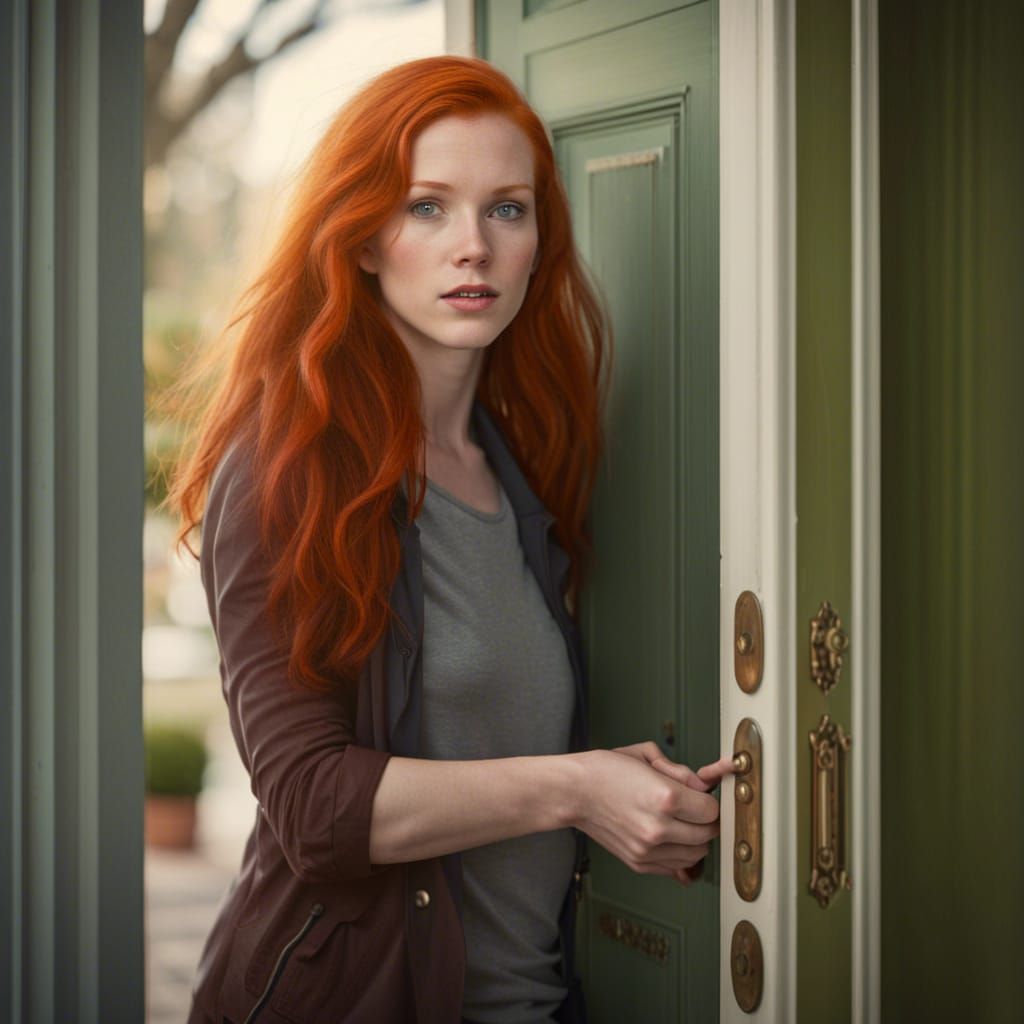 Redhead Woman Closes Door