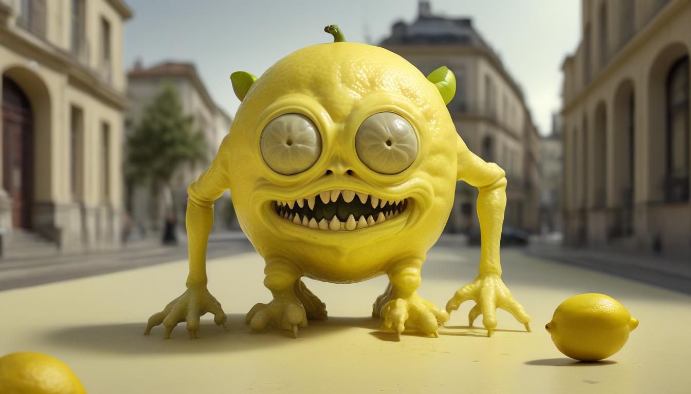 Surreal Lemon Monster Sculpture at Sunset in 3D