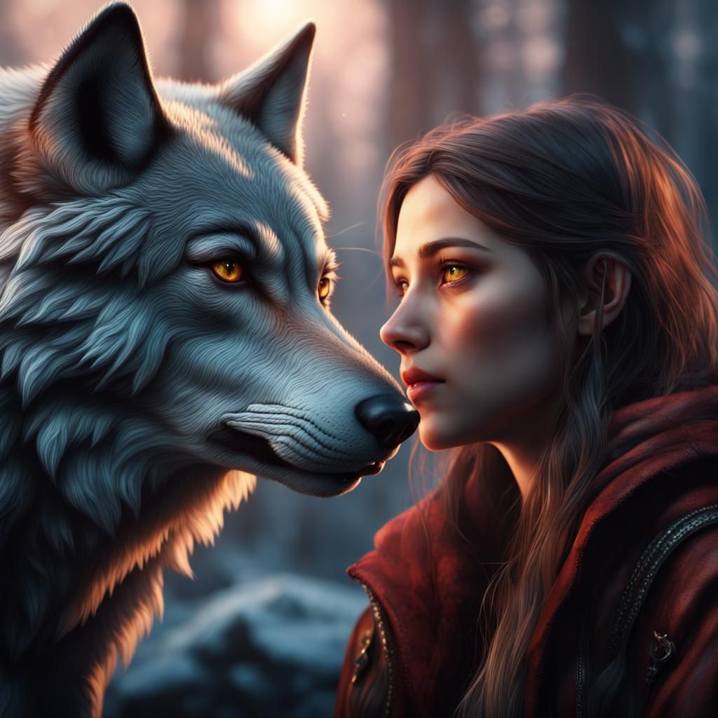 Girl and Wolf Stare in Detailed Matte Painting