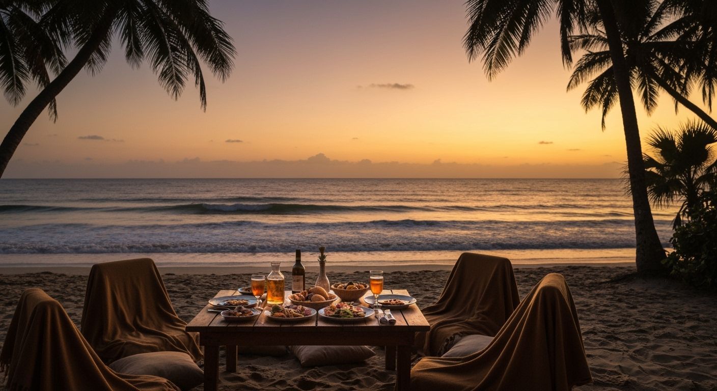 Golden Hour Beach Sunset with Cozy Dining Setup