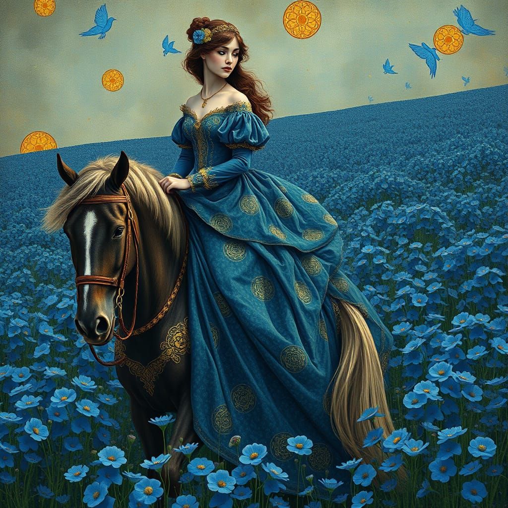 Art Nouveau Woman Rides Horse Through Flower Field