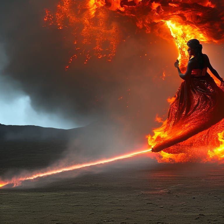 Ultra detailed of flowing lava covered with billowing fire creating a fire woman, rays of light, full body shot, light s...