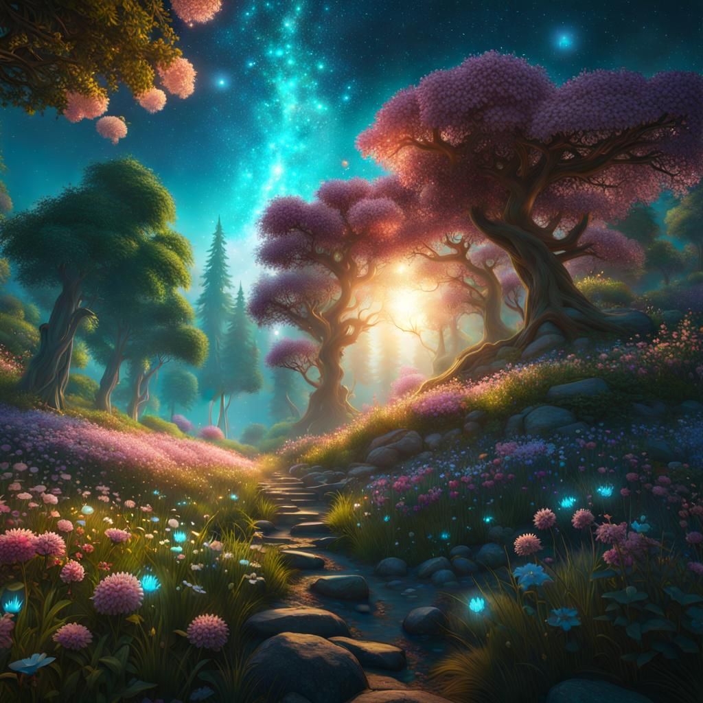 Enchanted Summer Forest with Blossoms and Stars