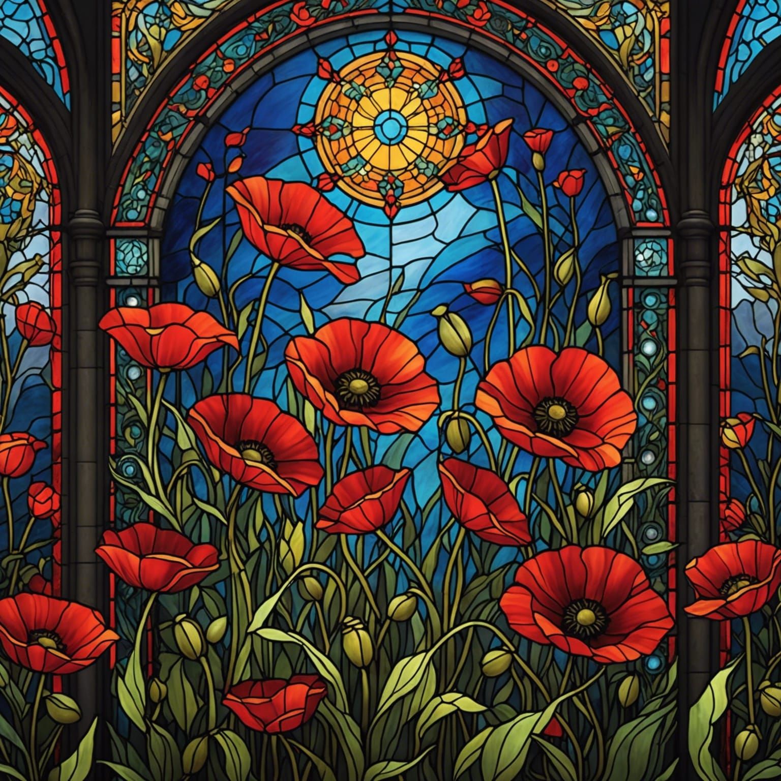Intricate Stained Glass Poppies in Matte Painting Style