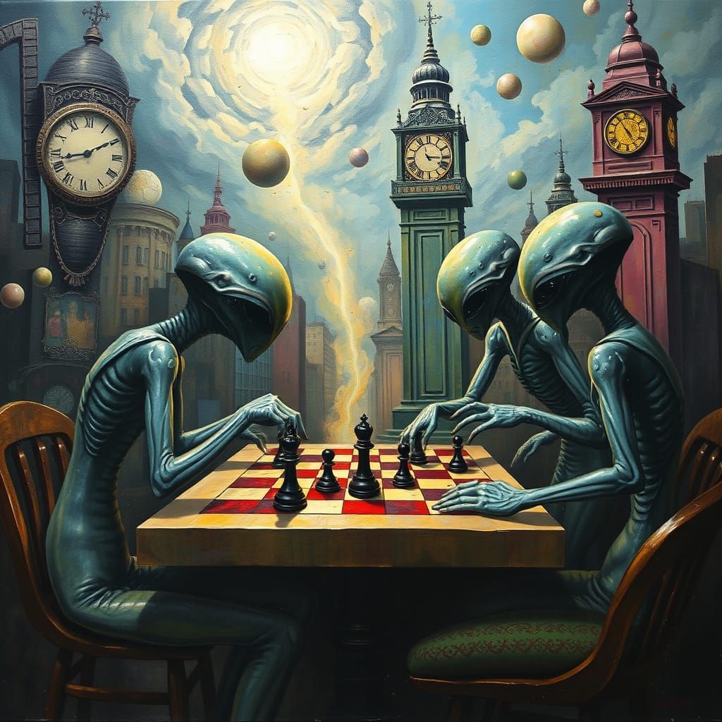 Surreal Chess Scene with Aliens in a Spiraling Cityscape