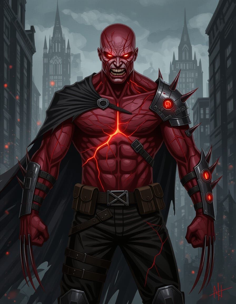 Blood-Red Bio-Armor Anti-Hero with Jagged Claws in Gothic Ci...