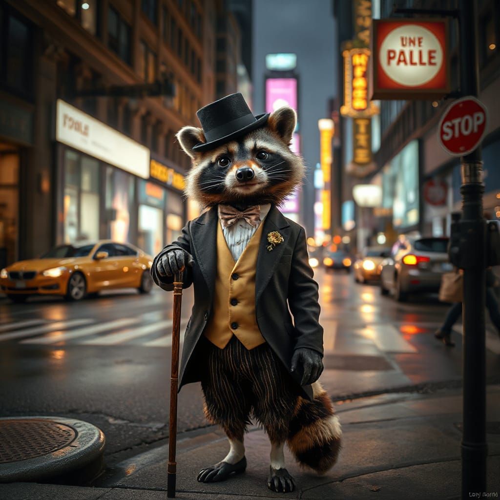 Dapper Raccoon in Tuxedo on City Street