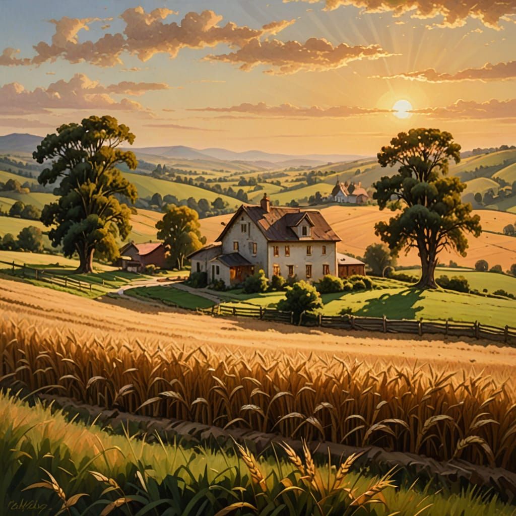 Farmhouse in Field at Golden Hour as Oil Painting