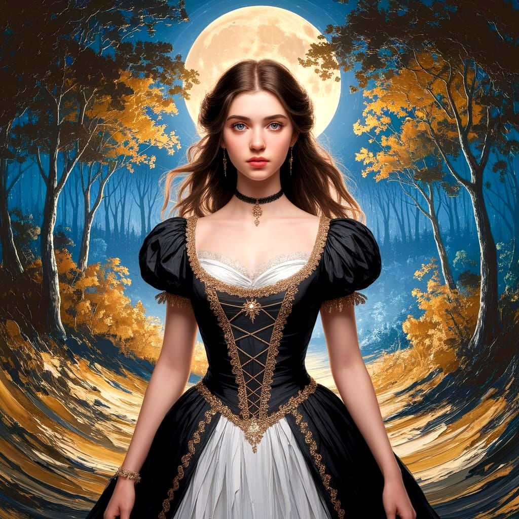 Brunette in Gold Dress: Impasto Painting of Dreamlike Scene