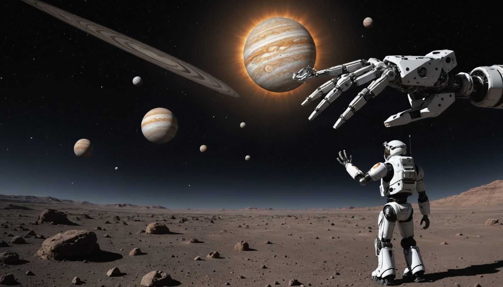 Robotic Hand Holds Celestial Comets Over Jupiter