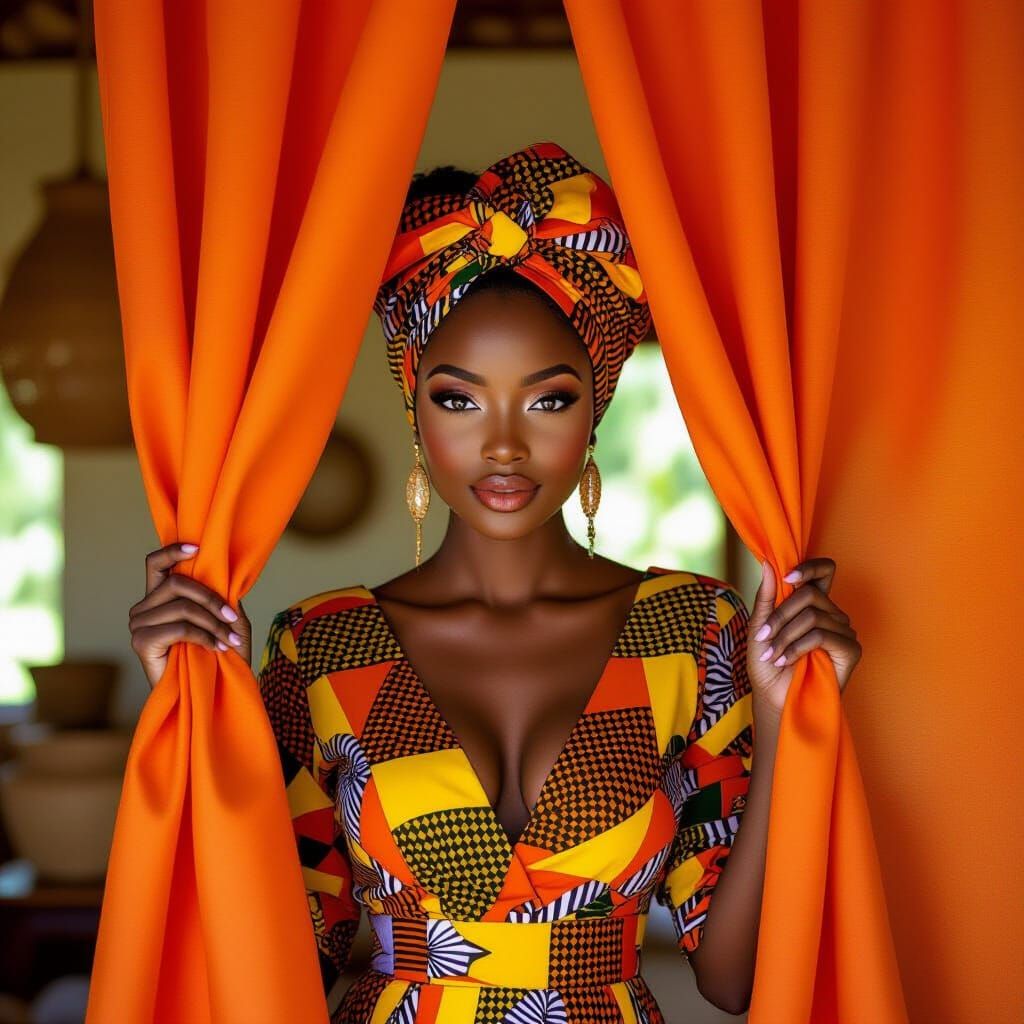 African Woman in Kitenge Dress Peeking Through Curtains