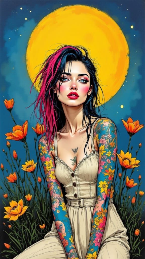 Basquiat-Inspired Female Figure Under the Moon