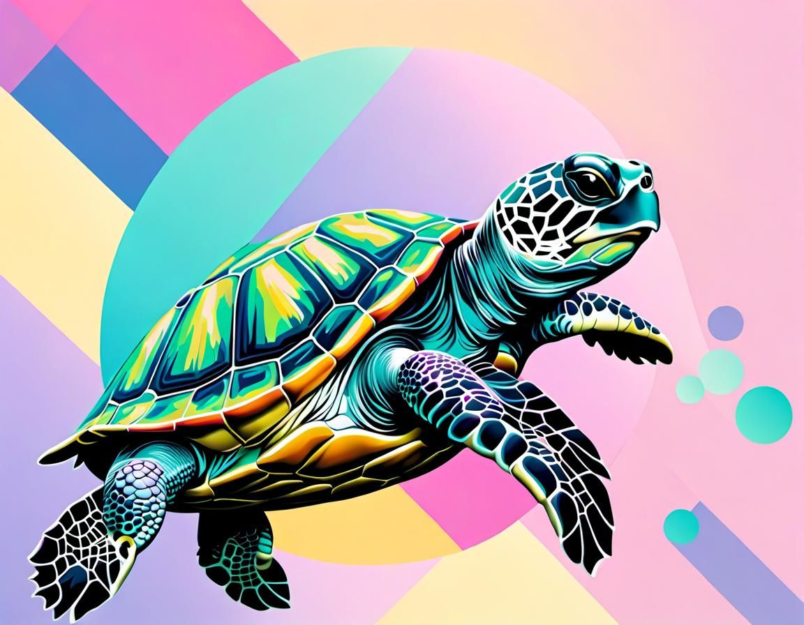 Vaporwave Turtle with 90s Tech in Pastel Colors