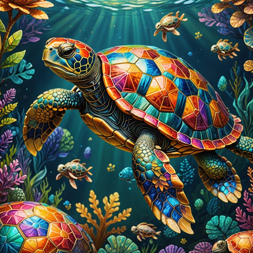 Patchwork Turtle in Water: Vibrant Digital Art