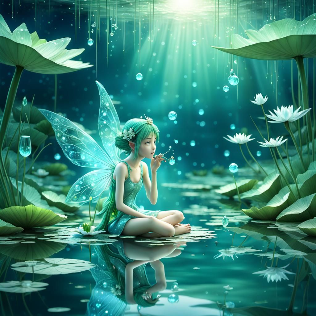 Glass Fairy Perched by Pond in 3D Anime Art