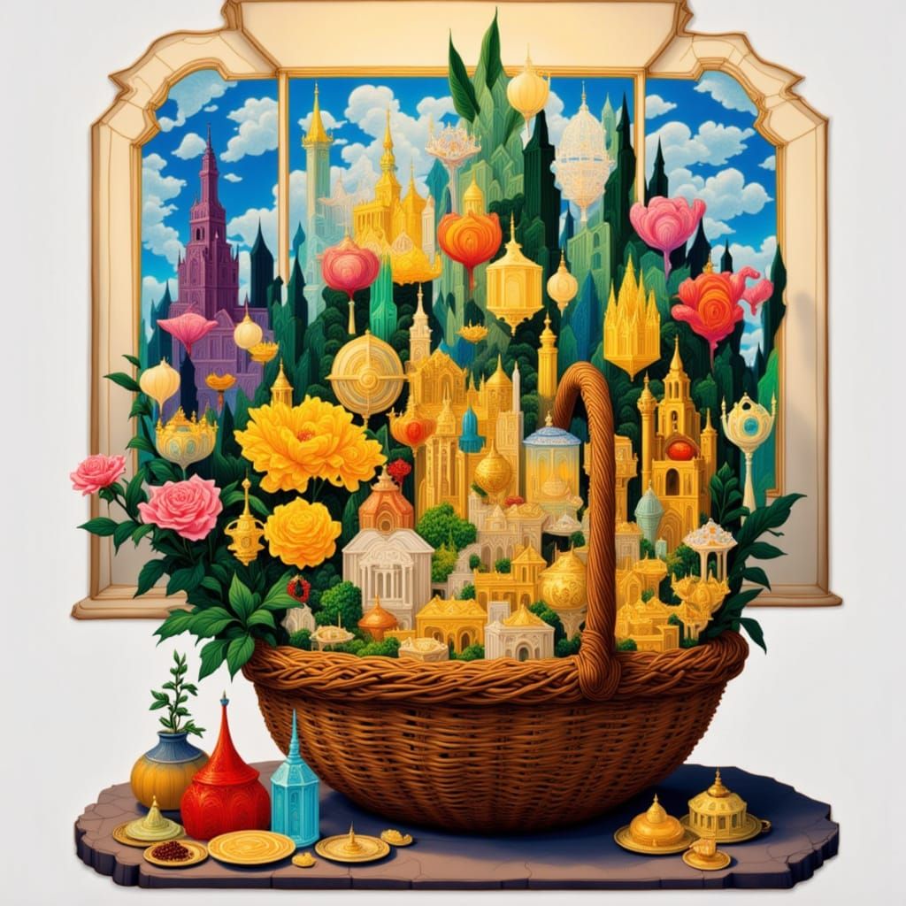 Cubist Flowers in Basket by a Window