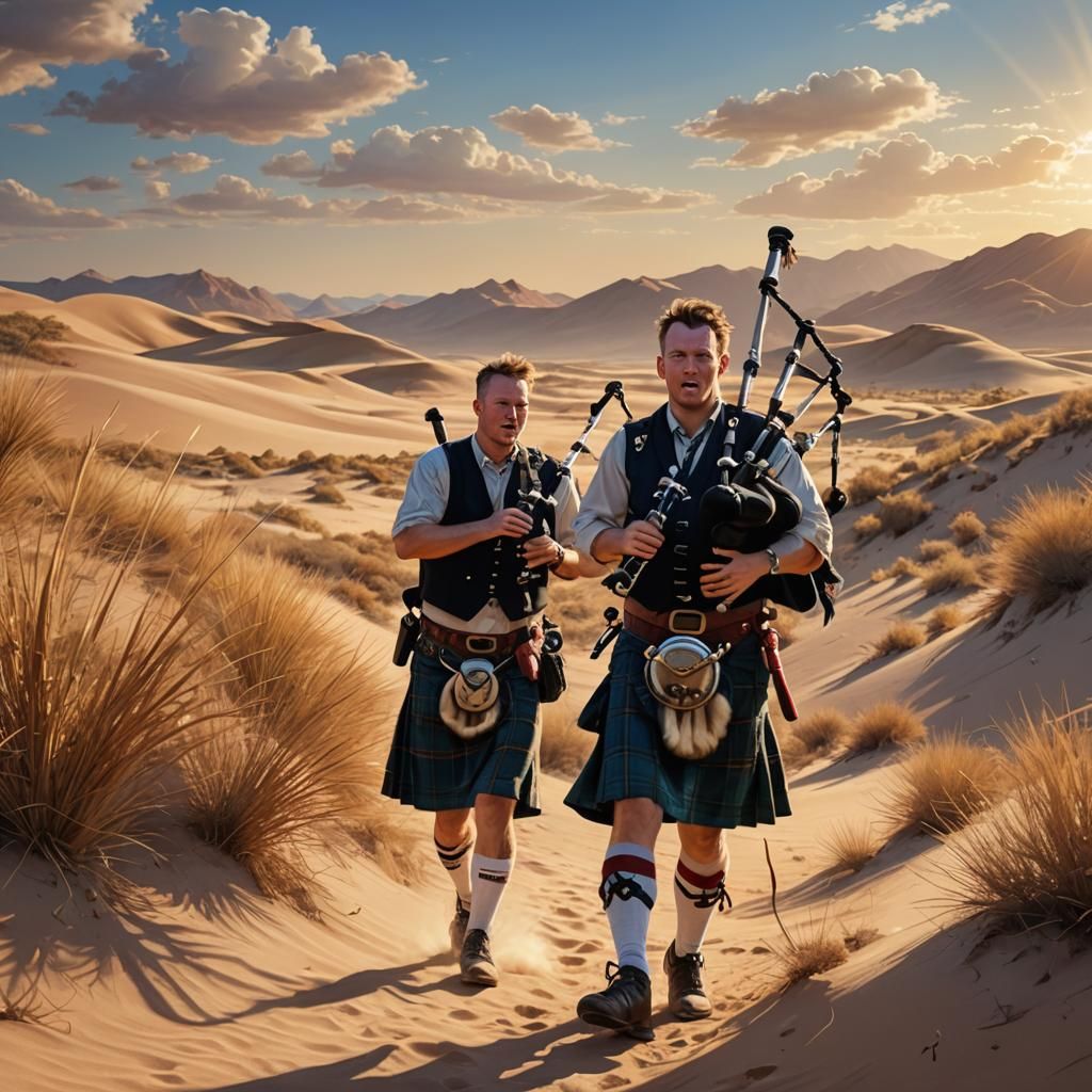 Scotsman Plays Bagpipes in Desert Sunlight