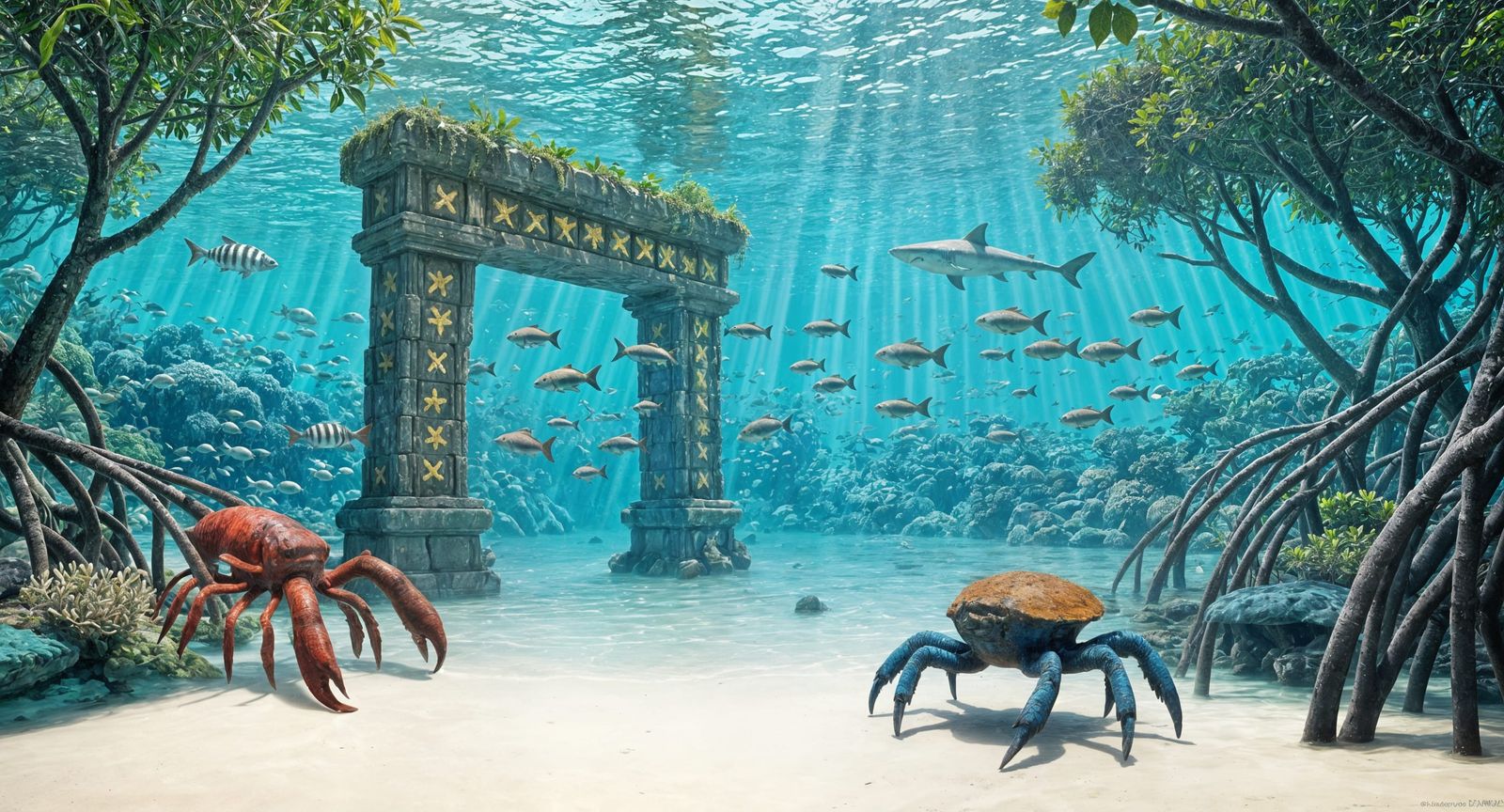 Mysterious Mangrove Ruins in Sunlit Turquoise Lagoon