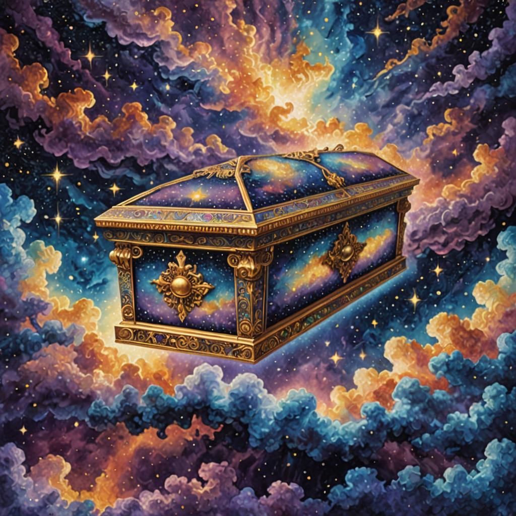 Ornate Coffin Floating in Nebula: A Pointillist Vision