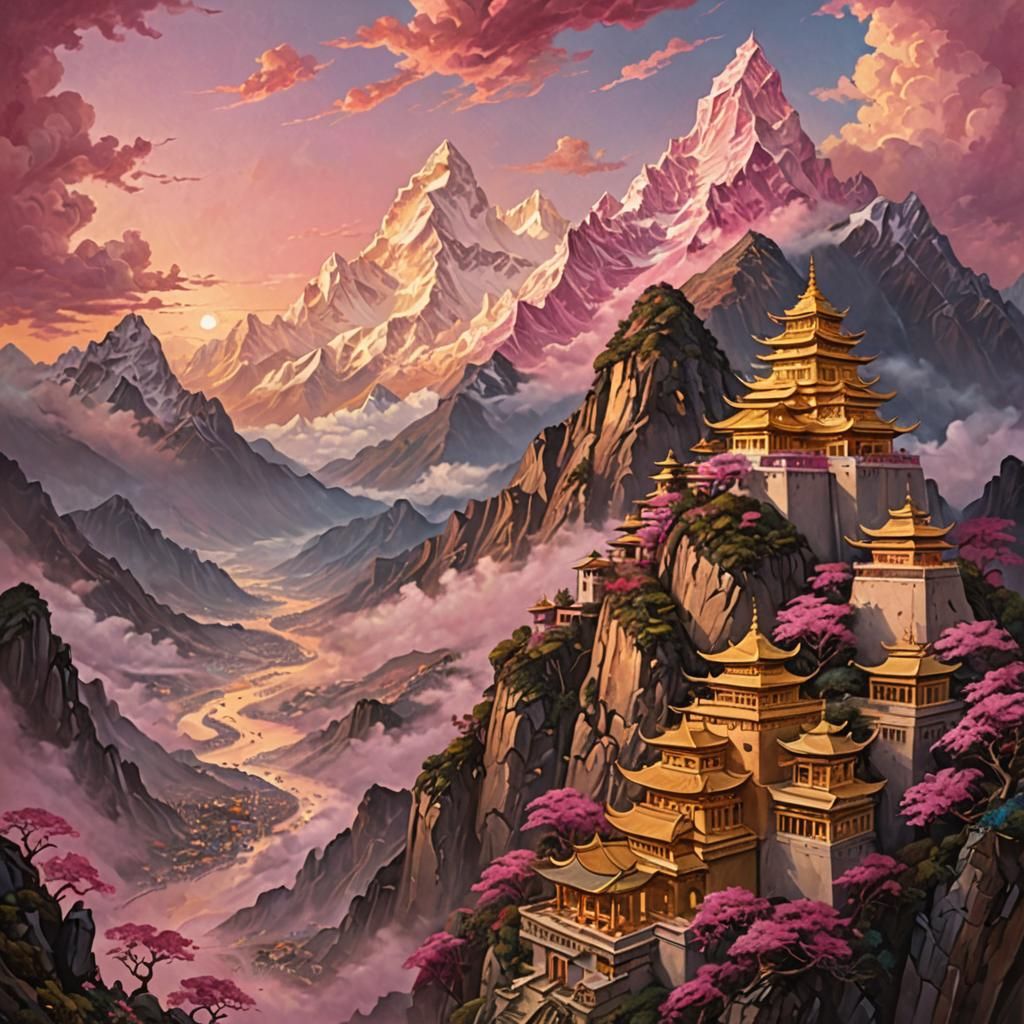 Surreal Golden City of Shangri-la Amidst Himalayan Peaks at...