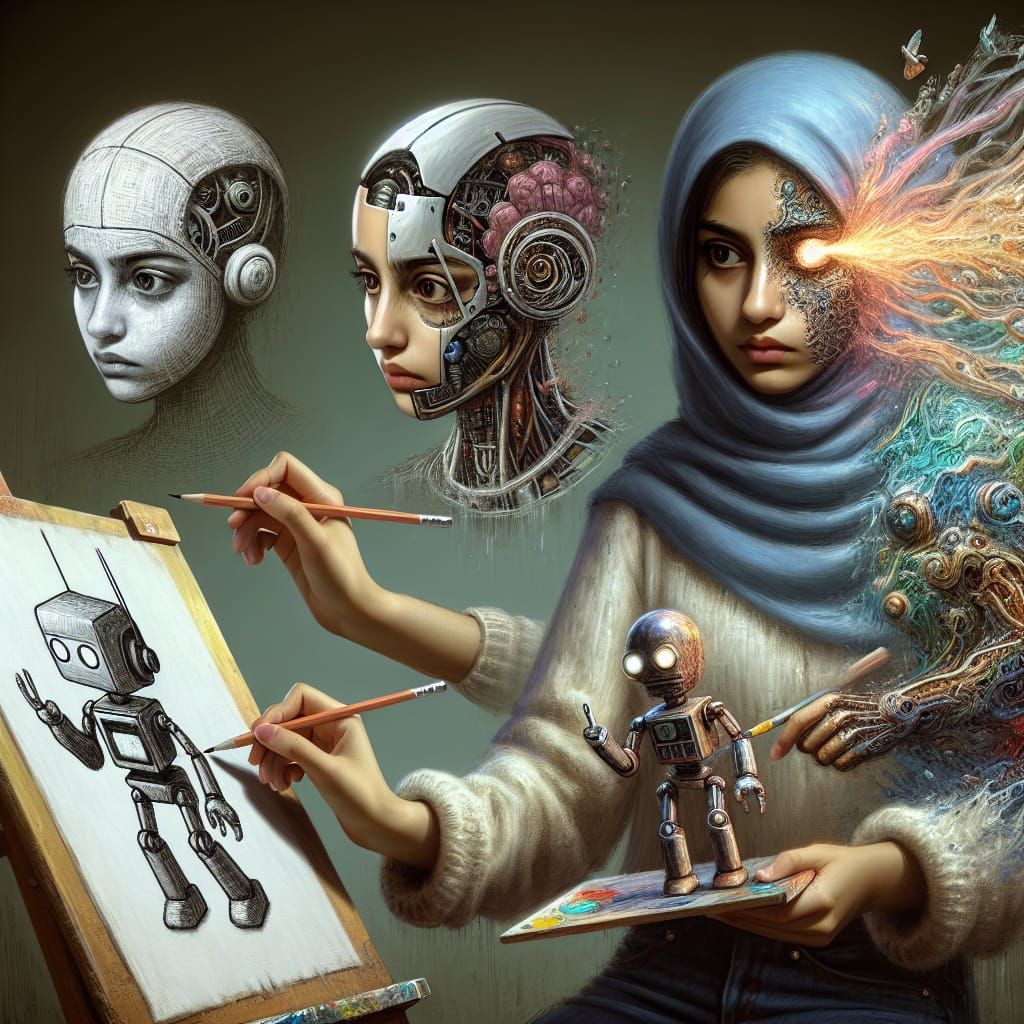 Young Artist Drawing Robots and a Portal