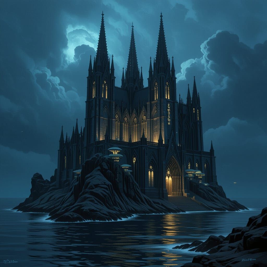 Gothic Cathedral on Rocky Island with Bioluminescent Fungi