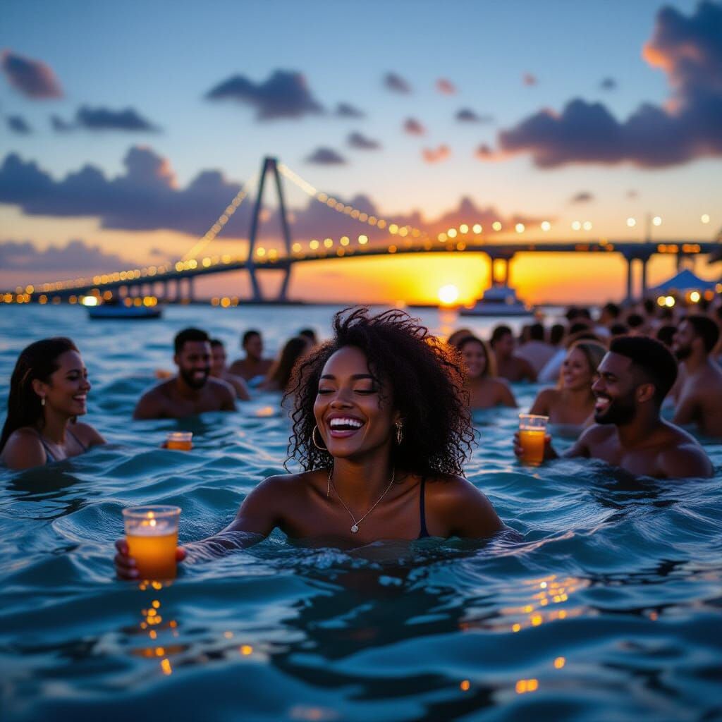 Joyful Black Woman Swimming at Sunset Beach Party