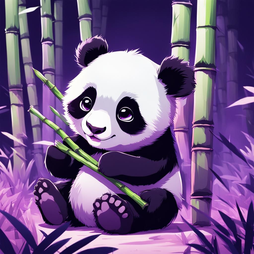 Cute Lilac Panda with Bamboo: Manga Style