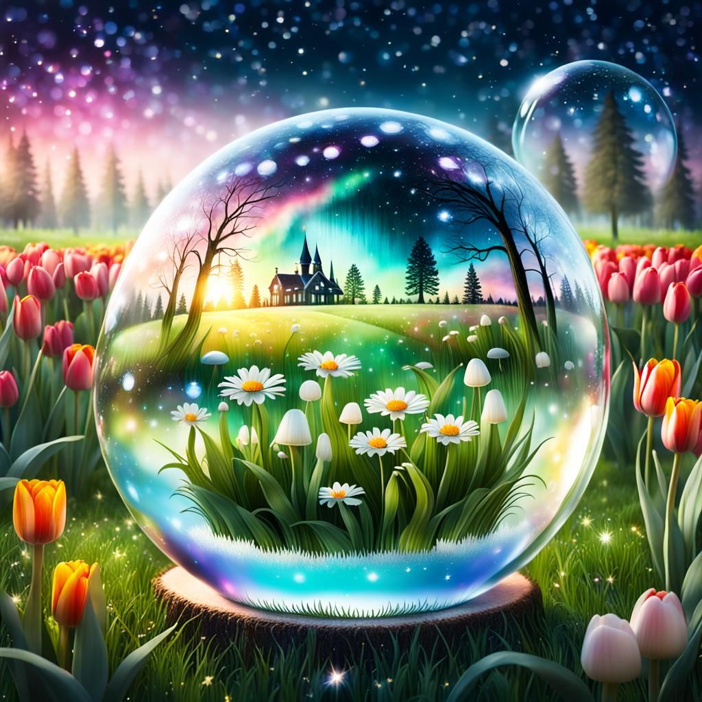Magical Meadow in Glass Bubble with Aurora Sky