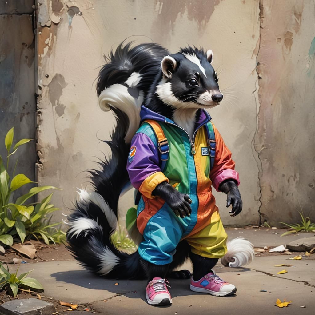 Skunk in Rainbow Overalls, Fantasy Illustration