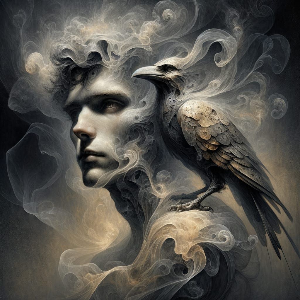 Spectral Man in Smoke with Bronze Raven