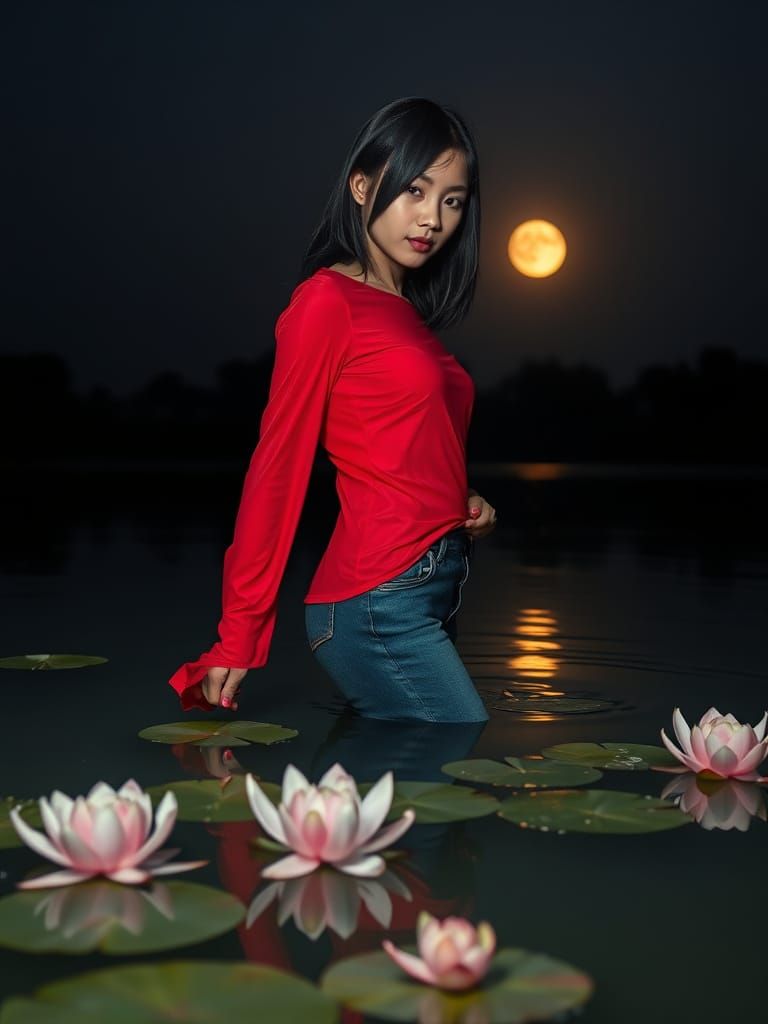 Ethereal Thai Woman in Moonlit Lake Scene