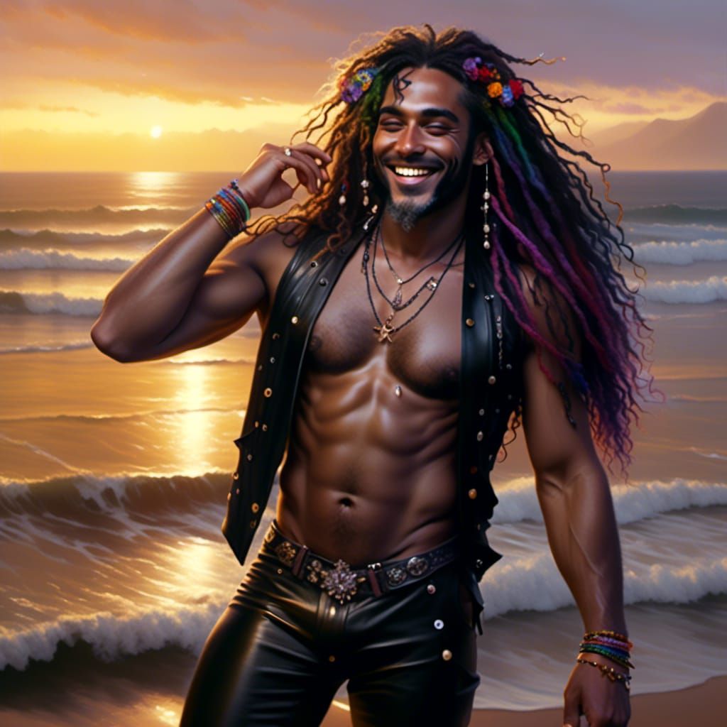 Rainbow Haired Man with Goth Jewelry at Sunset