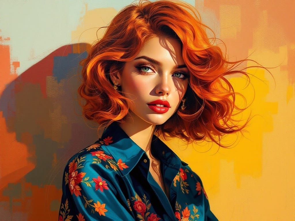 Fiery Red Haired Woman in Vibrant Autumn Scene